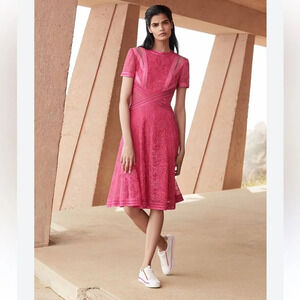 Tadashi Shoji Lornah short sleeve pink lace flare dress size 10